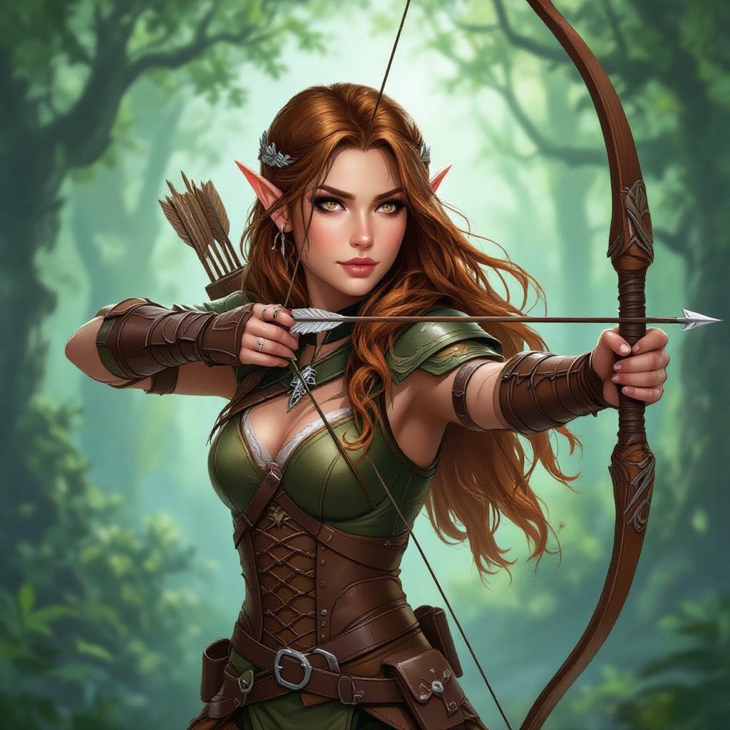 Beautiful female half elf ranger with honey brown hair and beautiful brown eyes