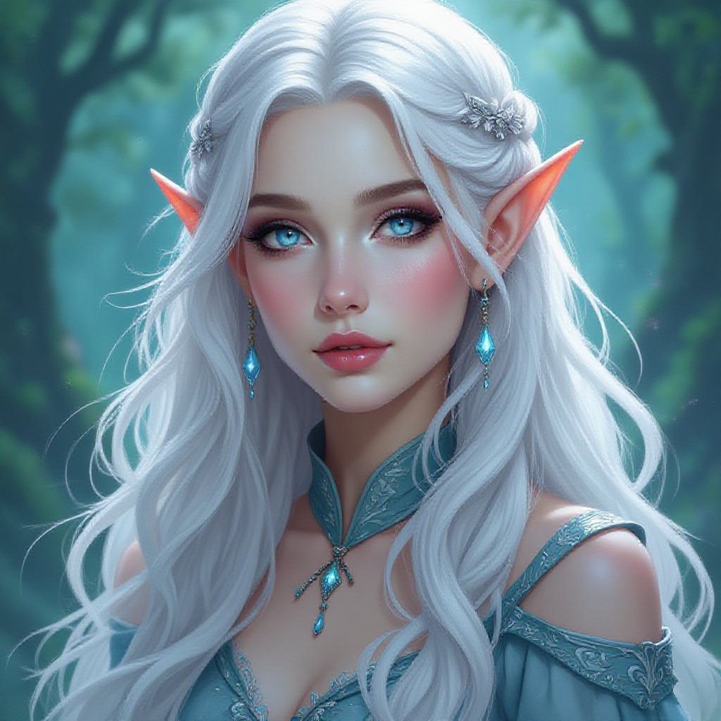 Female moon elf with long and wavy white hair and silver eyes. Her skin is blue