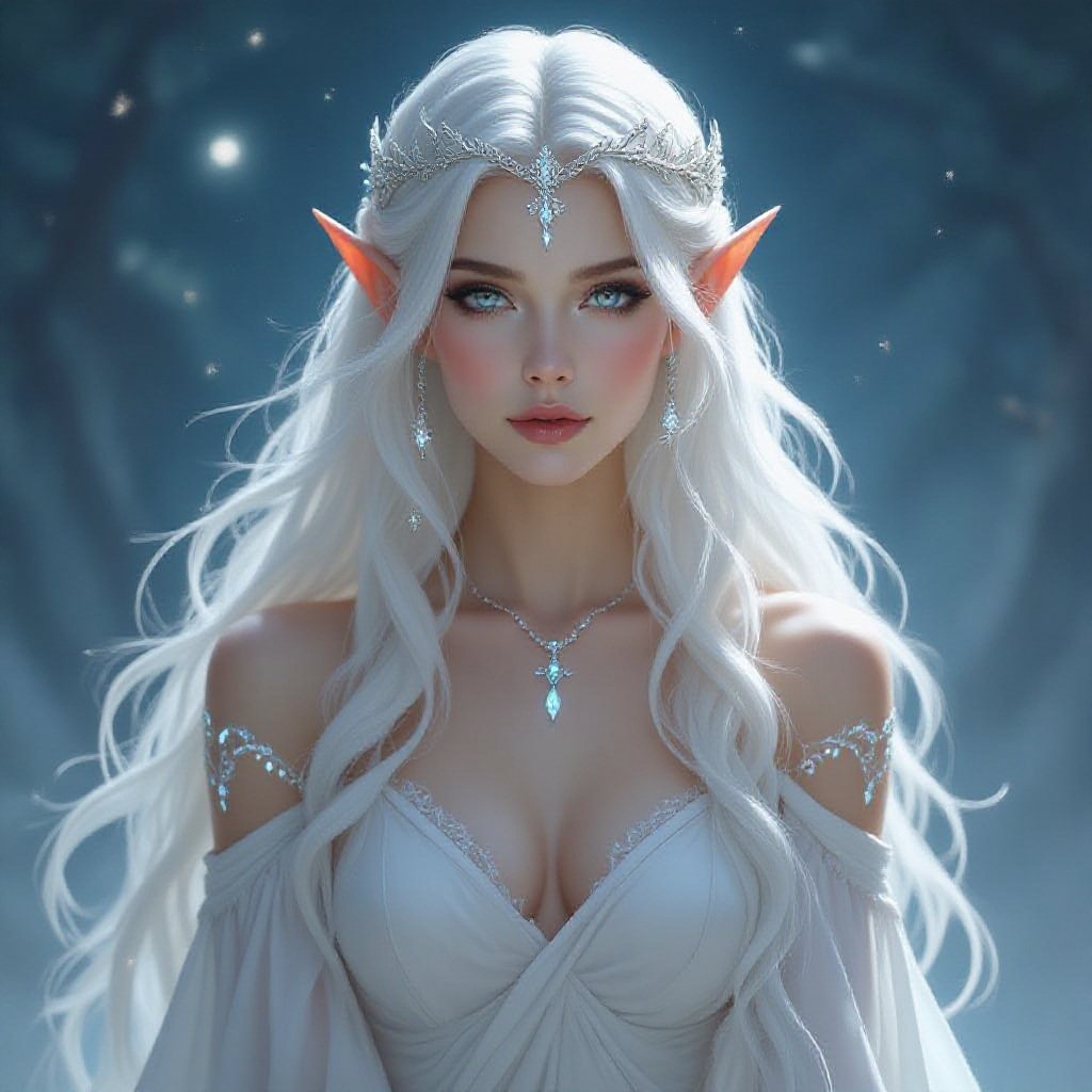Female moon elf with long and wavy white hair and silver eyes. Her skin is alabaster