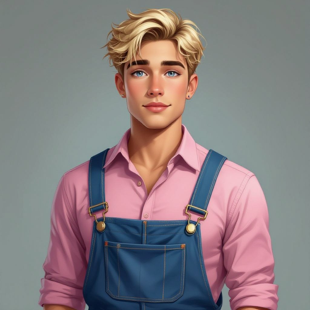 Latino, no beard, looks a bit feminine, 18-years old male, Blonde hair, blue eyes, ring around eye heterochromia, pink shirt, blue overalls 