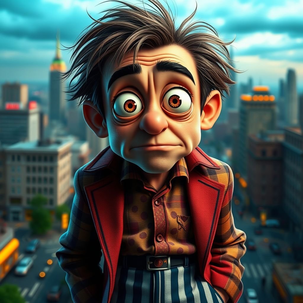 Create a funny looking paranoid man in the world, with a not so stylish outfit head to toe