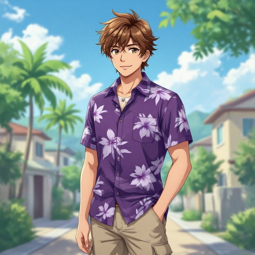 A Man A Purple Hawaiian Button Up and Beige Cargo Pants. Light Brown Hair. Husky in Weight in Body type.
