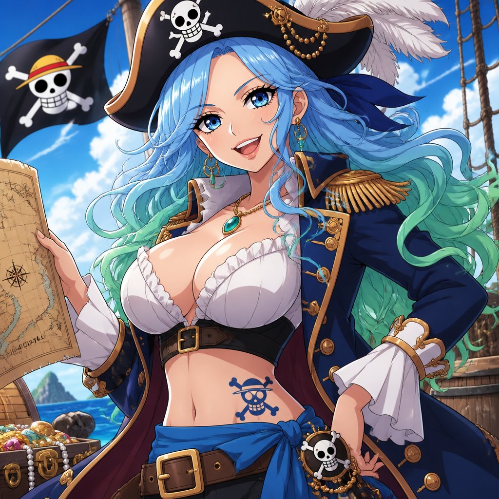 Adult girl with light blue hair and green teal tips wearing a pirate outfit from the anime One piece