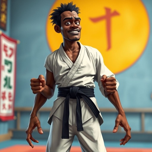Create a character who looks like a funny African karate guy who doesn’t have a clue what he is doing. Make him have weird toes, only speedos on and a black karate belt. Make him tal skinny and slinky.