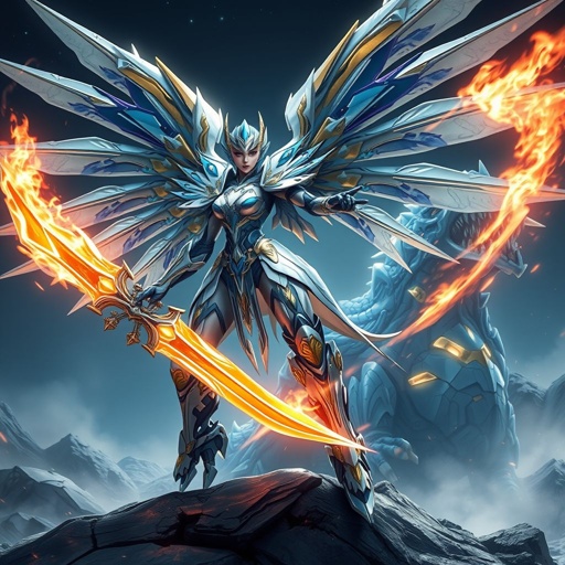 A blue white and gold feminine mech with a giant flaming sword and metal wings fighting a blue and gold kaiju on the moon