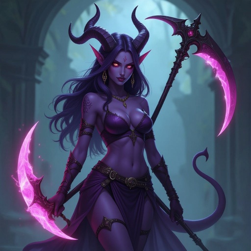 6’2 tiefling purple demon, carrying a scythe she works at a brothel and is the most famous pole dancer in the void , she’s very polite and seductive but strong and will dominate you at any moment 