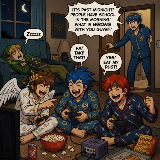 Super smash brothers link from legend of Zelda, pit from kid Icarus, and sonic the hedgehog as a human, Marth from fire emblem, Roy from fire emblem, Roy pit and human sonic all in pjs playing a video game in the living room on the floor laughing and being loud in the middle of the night, link past out snoring, and Marth coming into the living room wearing pjs and tired yelling at them saying "it's 4 o'clock in the morning go to bed!" Then Roy says back to Marth " come on Marth it's a sleep over we're just in joying it as much as possible, you can get your beauty sleep later" Marth looks at Roy with a very angry 