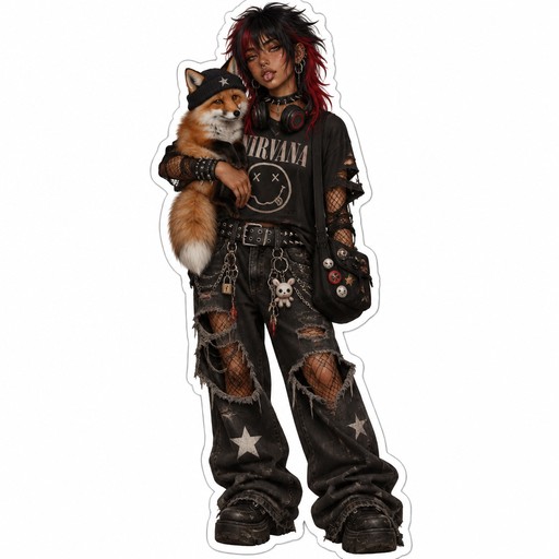 tan 6"2 female with a black with red grunge wolf cut spicky choker nirvana tshirt with rips in the sleeves net arm and leg tights baggy black star grunge jeans with rips alot of punk braclets black grossbody bag with pins nose tongue lip and alot of ear piercing a spicky belt with alot of keychains headphones around her neck and her holding a orange fox with a black beanie on it