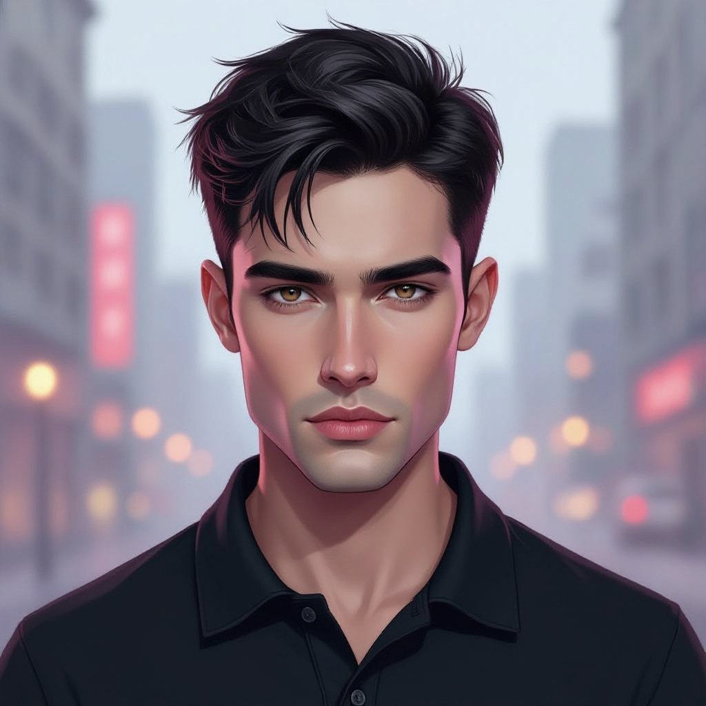 mężczyzna o krótkich czarnych włosach. ciemne oczy, lekko przymrużone. Wąskie wargi ust z mocniej zarysowaną górną wargą. Ubrany w czarną koszulkę polo. tło różowe. 