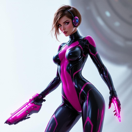 Full Body Mass Effect Babe wielding an Omni tool synthweave and Organza black and pink tight spy catsuit light brown hair pixie Bob cut
