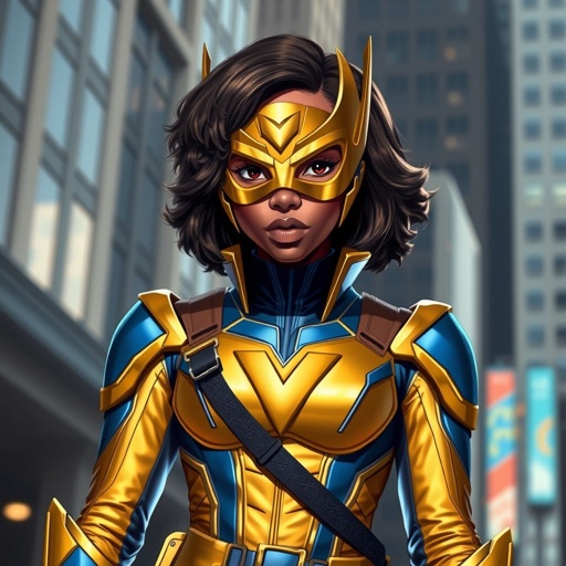 A teenage African American female superhero wearing a domino style mask with slightly curly hair in a shoulder length side part style  wearing a slightly armored polyester and leather gold suit with blue accents gold pants and a stylized V as her chest emblem a utility belt and blue boot heel less standing in Philadelphia  