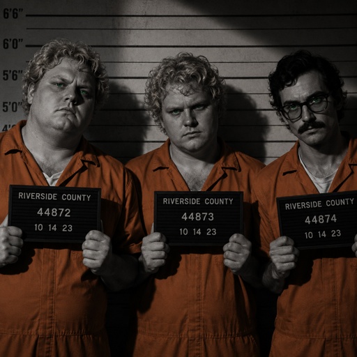 Male, green eyes, mustache, neck length black hair, neat hair, black glasses, male blonde curly hair, green eyes, blush, male, blonde curly hair, green eyes, fat, blush, the blonde guy and the fat guy are twins, there all wearing orange jumpsuits getting there mugshots taken, cinematic 