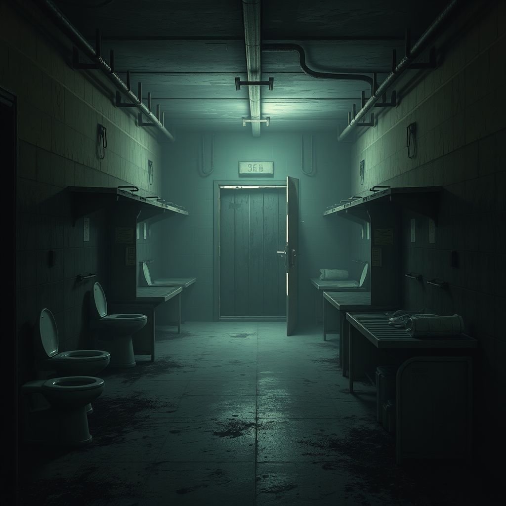 Create this background hall inside was dim, paint peeling in sheets. A metal door led to the cell block.  Six cells, all empty. A cracked toilet in each. Rusty bunks, stale air, dust everywhere. No character just background 