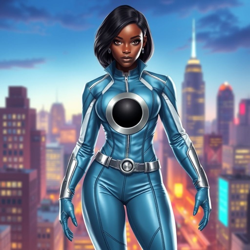 African American female superhero with hair in a shoulder length side part hairstyle with pure Glowing eyes wearing a leather light blue white and silver suit with light blue pants and silver boots and a silver circle within a black hole as her chest emblem in Philadelphia