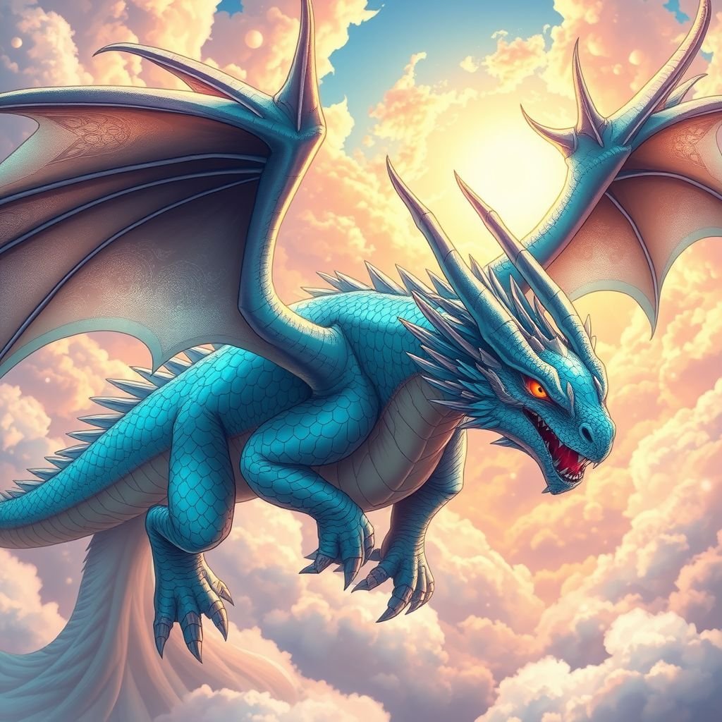 A colossal cyan coloured four winged dragon soaring through the sky