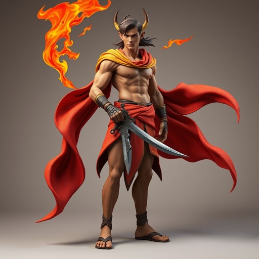 Create handsome hero  Rhen the Fire – A lean, muscular man. He wears layered, flowing desert robes dyed in warm reds and golds, with scorch marks where flames have licked them. A curved blade hangs at his hip.  Show whole body head to toe including her shoes.