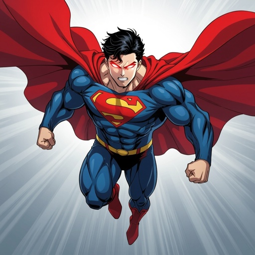 Make Superman flying in the sky upright with red glowing eyes huge muscles cape flowing and looking at the camera angrily 