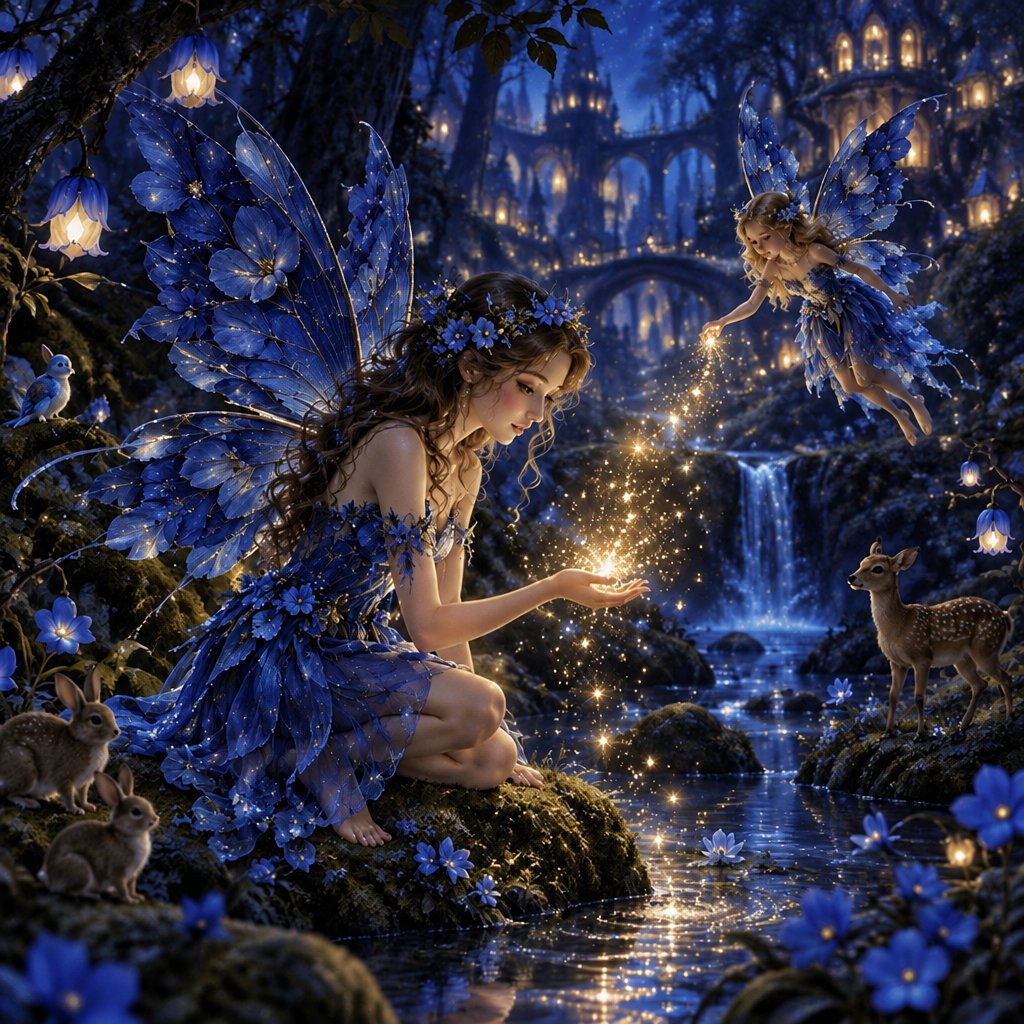 a fairy sitting on a rock next to a stream