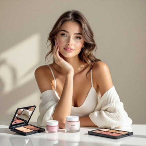 Create a character showing there whole body head to toe, a lady who loves beauty products  