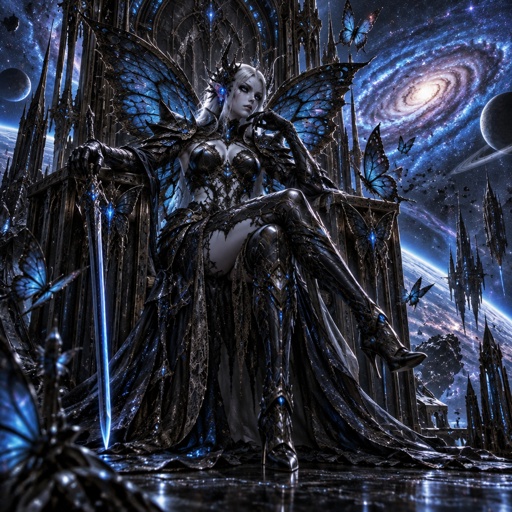 a woman sitting on a throne with a sword in her hand