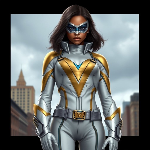 A teenage African American female superhero with hair in a shoulder length side part style wearing a homemade white and Gold suit with blue accents and a stylized V as her chest emblem a utility belt and silver boots standing in Philadelphia during a cloudy day