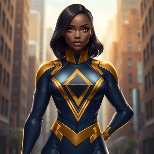 African American female superhero with hair in a shoulder length side part hairstyle with pure Gold Glowing eyes wearing a navy blue and gold suit with navy blue pants and gold knee length boots with a diamond with the top half gold and the bottom half black as her chest emblem in Philadelphia