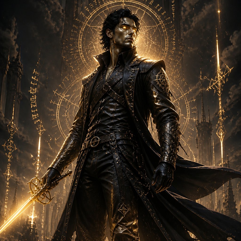 a man with a sword in his hand standing in front of a clock tower
