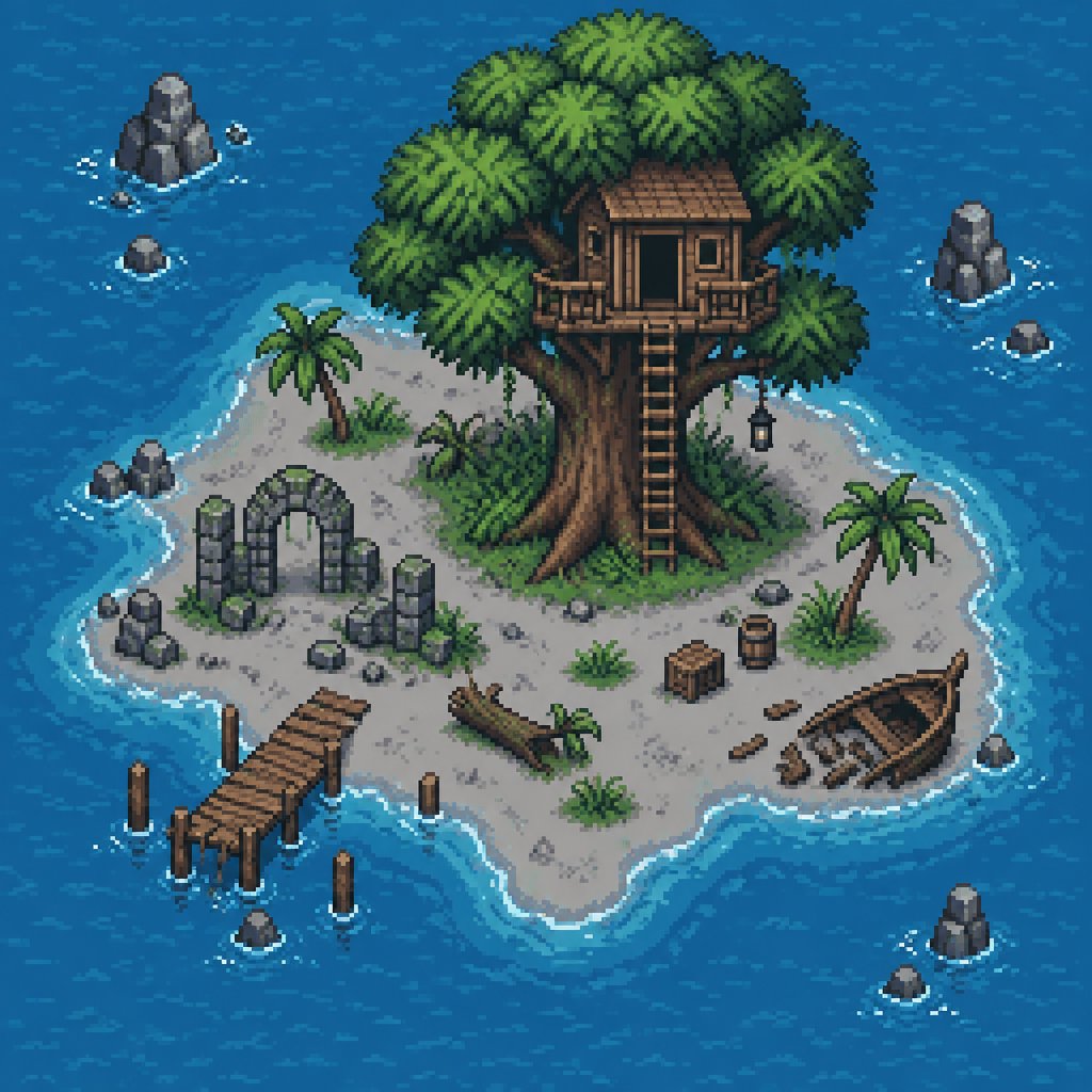 Tree house on an abandoned island for a fantasy game set in modern times, top-down style