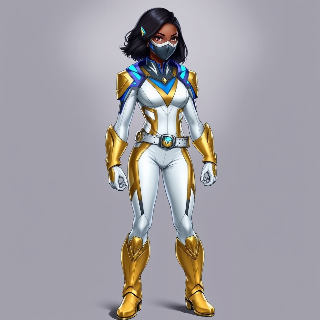 A teenage African American female with shoulder length hair  in a side part style superhero  wearing an armored MASK and a slightly armored white and gold suit with white pants and blue accents and a stylized V as her chest emblem a utility belt and gold boots