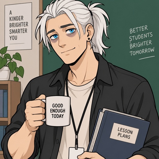 Anime style, male, highly skilled in fighting all fighting styles and weapons, bright blue eyes, white Japanese ponytail,pale skin, eye bags, teaches,earring,trained since birth,supposed to be an assassin,he chose to be a teacher, uses his skills ,no one knows who he is,agency trying to track him down because of the threat he could be 
