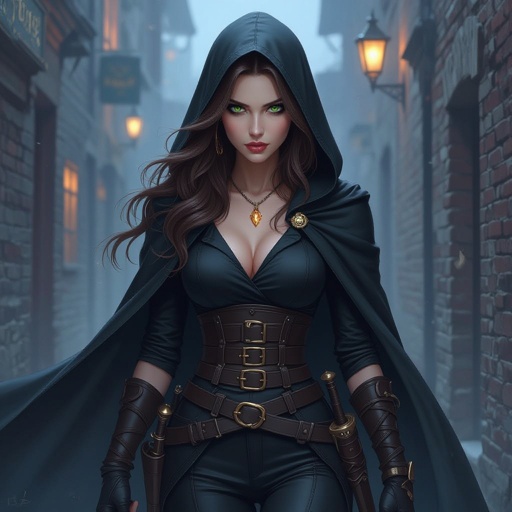 Human woman. Brown long hair and green big eyes. She wears a black cape. A tight black blouse and black pants. She has a belt on which he carries daggers and swords. She wears high, heavy boots. She carries a short sword. She has a long sword on his back. She wears a hood. It's night. A dark alley. The screen is from below. A woman approaches us. A cold expression appears on her face. An amber necklace gleams around her neck.The woman is pale. She has a delicate beauty. Her eyes are painted black. She looks menacing.