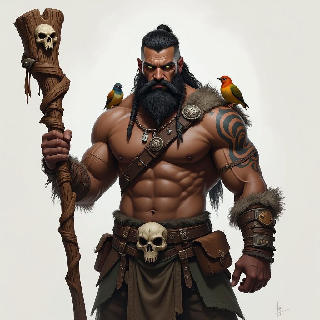 Kael the Beastbound – A rugged, broad-shouldered man with black skin and a rough beard, wearing armor made from bone and leather. deep green eyes tattoos of animal tracks spiral down his arms. He carries a massive wooden staff carved with the shapes of beasts, and small creatures often perch on his shoulders or follow at his feet.