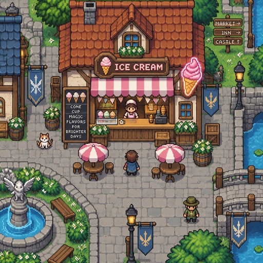 Village Ice cream shop for a modern fantasy game, exterior, top down style