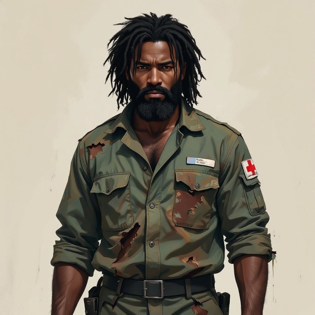 A African American man with a black beard and black medium long hair wearing a medical uniform