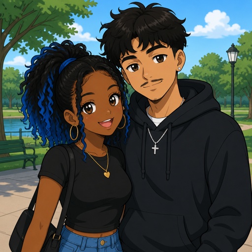 I want a  picture of an African American girl with black and blue hair In the back and white with a quarter Mexican boy with  black  hair  with a mustache together and there at a park 