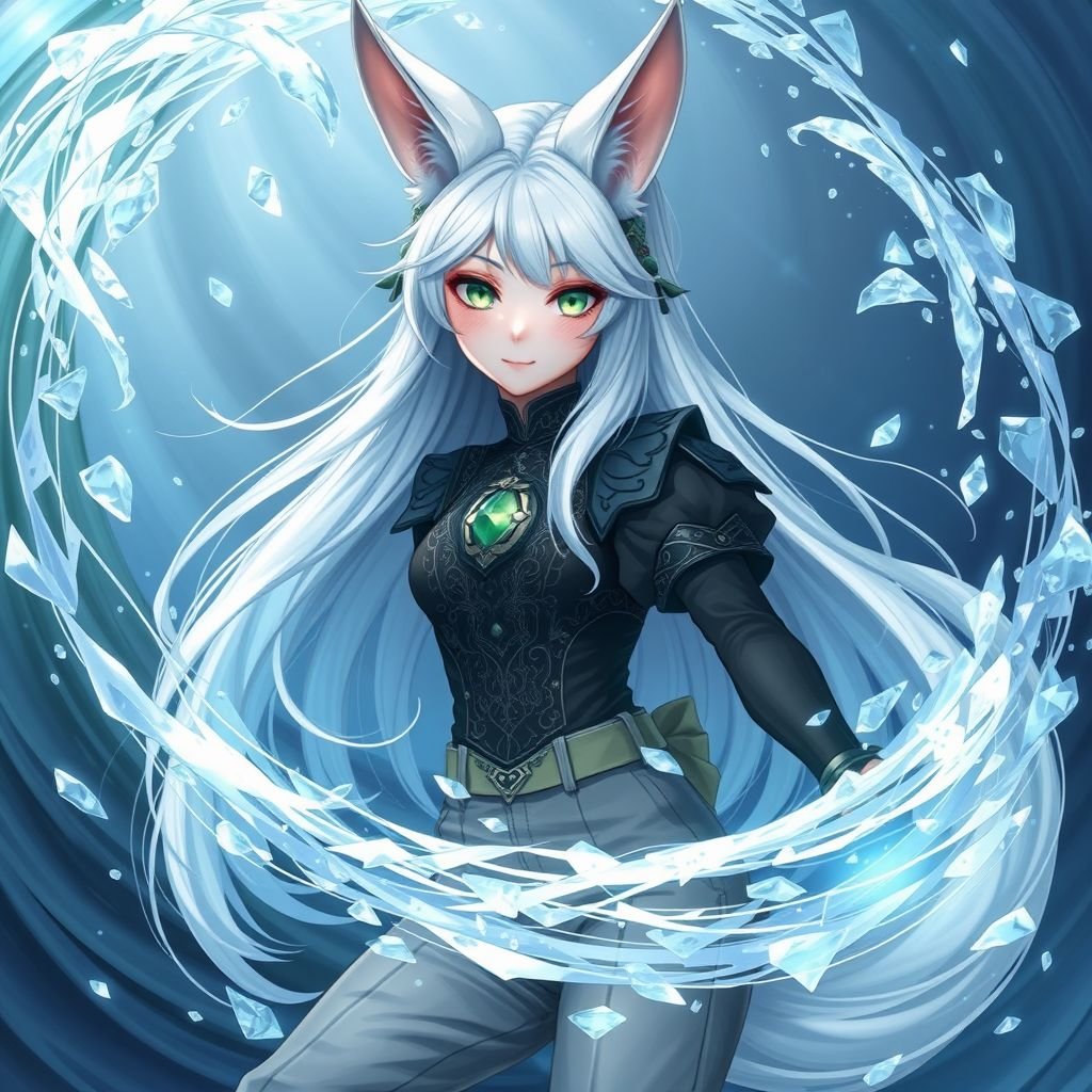 A teenage girl with pale skin and emerald eyes wearing black royal top and trousers with long white hair and small fox ears conducting ice in the depths of the ocean