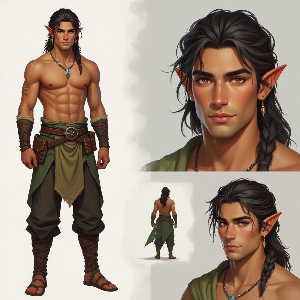 Male air genasi druid, 5’6, 130 pounds, brown eyes, black hair, tan skin, 20 years old