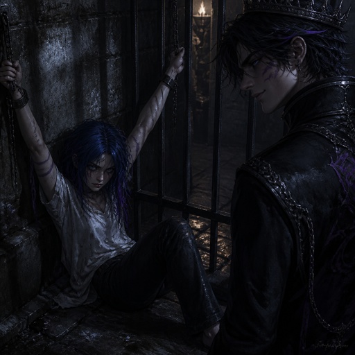 A jail cell that looks dark and dim. There’s a cell with a 17 year old girl in it. She has messy blue hair with purple stripes and Hazel eyes. She is wearing a dirty white shirt and black pants. She’s skinny but looks fierce. She’s has her hands cuffed to the wall and she sits on the ground. Standing outside of the cell is an 18 year old prince who has black hair with purple stripes and blue eyes. He is wearing all black. He had a piercing and cruel look. He is smirking when he looks at the girl in the cell. 