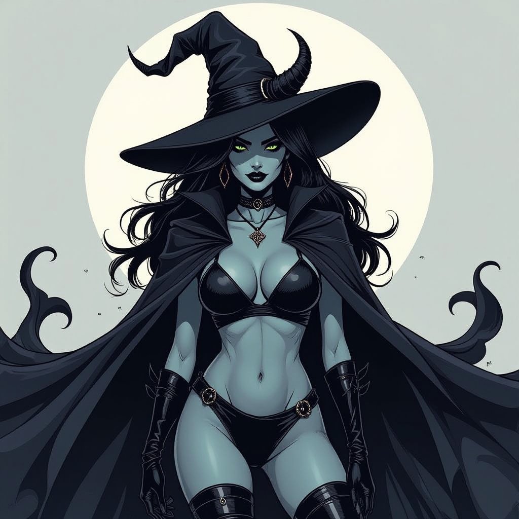 sexy shadow demon witch gypsy slate grey skin large black billowing cloak that emits darkness and shadow. Two piece. Witches Hat. Demon horns