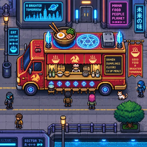 Food truck for a fantasy game set in futuristic times, city, exterior, full building, top-down style,