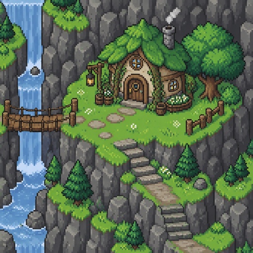 Fairy House on a mountain side platform for a fantasy game set in modern times, exterior, top down style