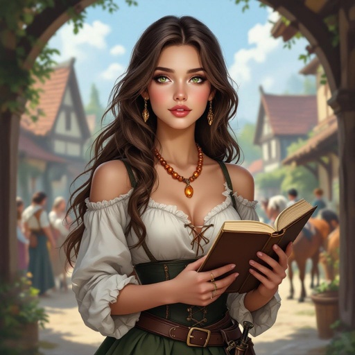 Human. Normal ears. A young human woman. Rouge. Thief.
Long brown hair, large green eyes. Pale complexion. Delicate beauty. Holding a book. She's wearing an elegant shirt that reveals her shoulders and an amber necklace. She's wearing long black pants and a green skirt that's shorter in the front. A village is in the background. People are walking by. A dagger at her belt. Horses are visible. It's daytime. The woman is looking around for someone. realistic atmosphere. More realistic. In the background