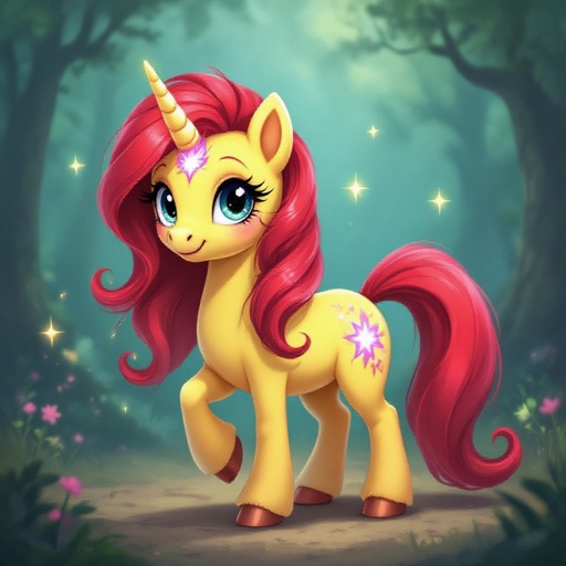 A light yellow Pony with a red mane and tail and a glowing cutie Mark 