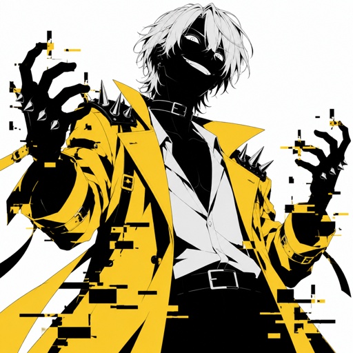 Male, wolf cut white hair smooth, neck length, white eyes, yellow trench coat, metal spike shoulder pads, black choker, low cut white shirt, fingerless gloves with spikes, insane smile, glitch powers