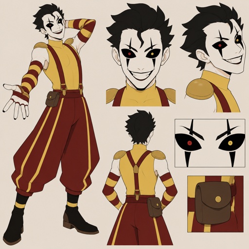 Male, white painted skin, black slick spiked back hair, one hair strand on forehead, completely black eyes, one red one yellow pupil, one black spike under eyes, black lines above lines under eyebrows, big smile, sleeveless yellow shirt, red suspenders with yellow stripes baggy, red and yellow striped arm warmers, plain gold shoulder pads, small brown sack attached to belt, posing