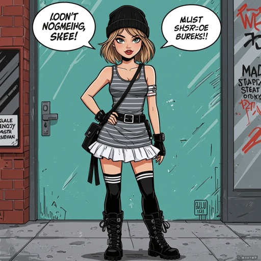 Light Brown Short Hair Babe Striped gray tank dress with white ruffled mini-skirt, thigh-high socks, chunky black buckle boots, black beanie, and cross-body bag — casual goth-punk streetwear.