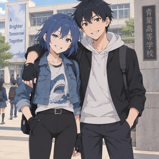 Light rider from Fortnite, neck length blue hair, cropped jean jacket black leggings, tshirt with shark on it, gloves, Squire from deceive inc black hair short wearing modern clothes, arm around shoulders, smiling, school background