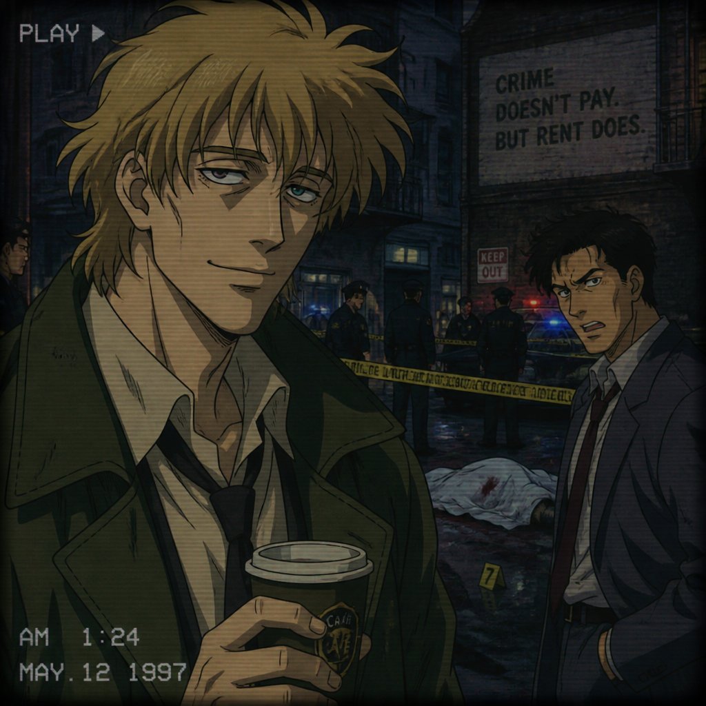 Anime Male is a detective in his mid 20s with medium really crazy messy light blonde hair no ponytail tall thin and tied, really blue and green eyes with bags underneath lots of coffee wearing a mossy green jacket exhausted look on face kind of smiles investigating a crime scene with his partner looking annoyed and concerned