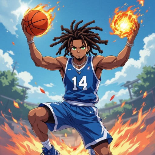 My character is a kind of muscular guy with green eyes and lighter shade skin color  12 big Dreadlocks and a blue basketball jersey with the number 14 and a chain on his neck and he is jumping high in the air to dunk the ball that is made of fire 