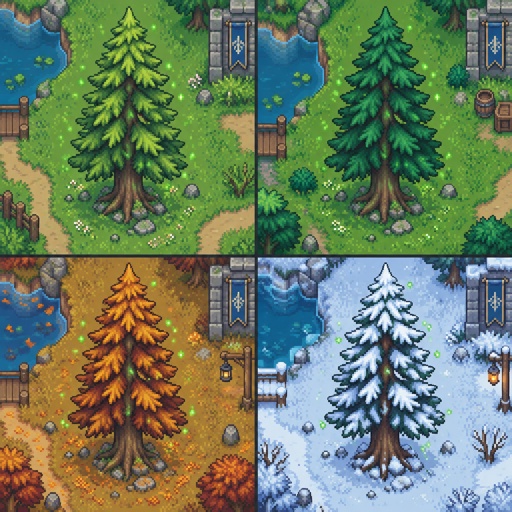 Sky Pine tall pine with floating needles or small particles around it for a fantasy game set in modern times, in all the seasons, top down style,